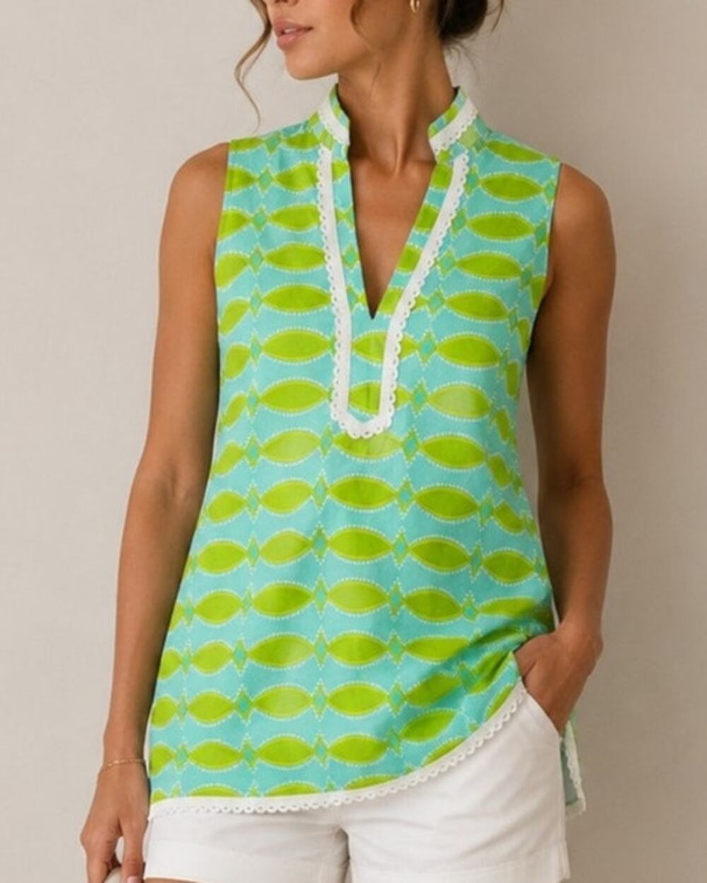 Sail to Sable Lime and Aqua Sleeveless V-Neck Tunic